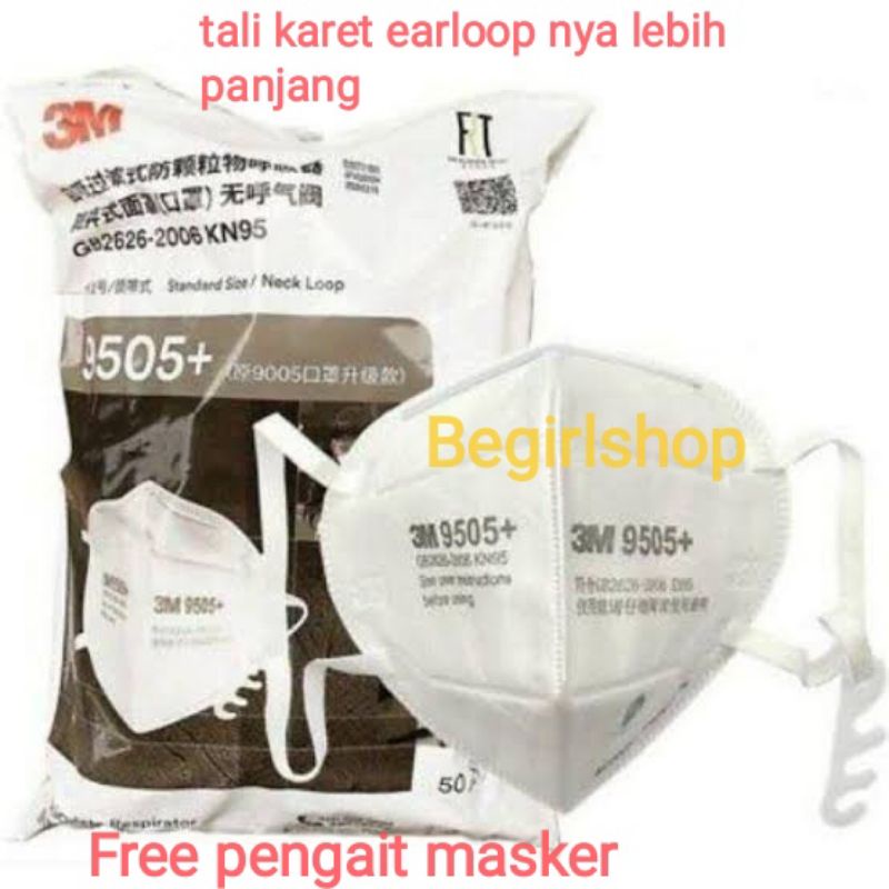 MASKER 3M 9505+ N95 KN95 EARLOOP - Tali Karet Earloop lebih panjang & free pengait masker