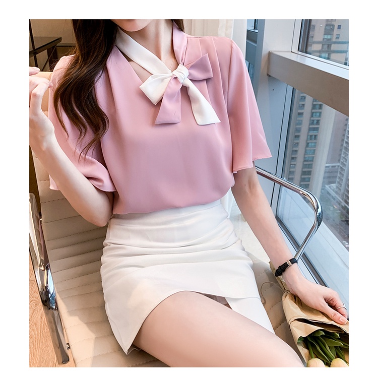 COD New 2022 Fashion Korean Summer Solid Pink Blue Green White Casual Work Short Sleeve Shirts Women Blouse Tops Blus Wanita Lengan Pendek