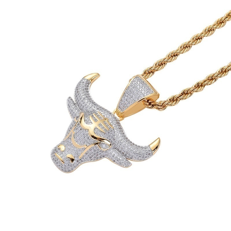 Men Hip Hop Fashion Full Rhinestone Bull Head Pendant Necklace Sparkling Ice Out Stainless Steel Gold Necklace