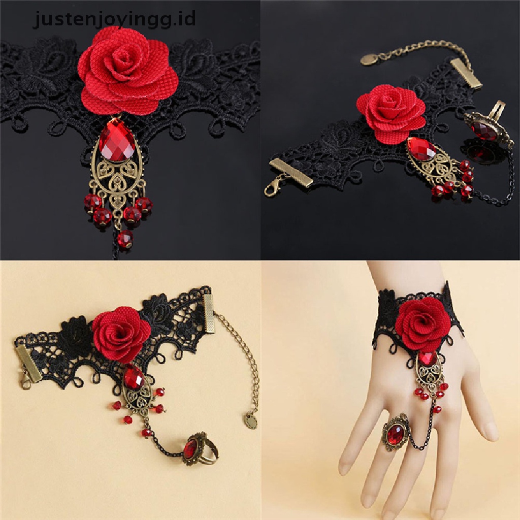 Gelang Tangan Adjustable Bahan Lace Motif Bunga Mawar Merah Gaya Gothic