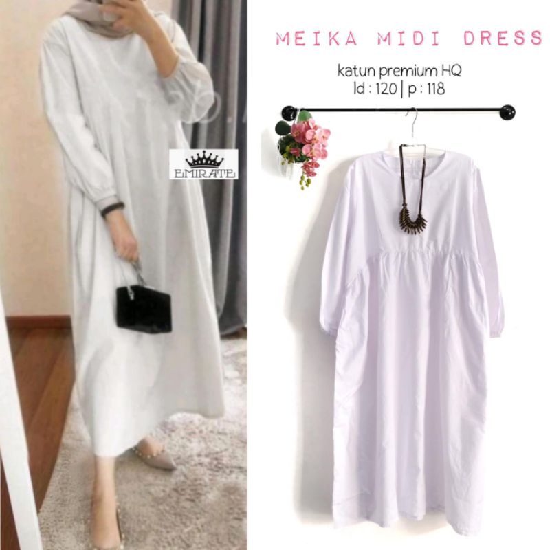 meika midi dress baju wanita warna putih bahan katun