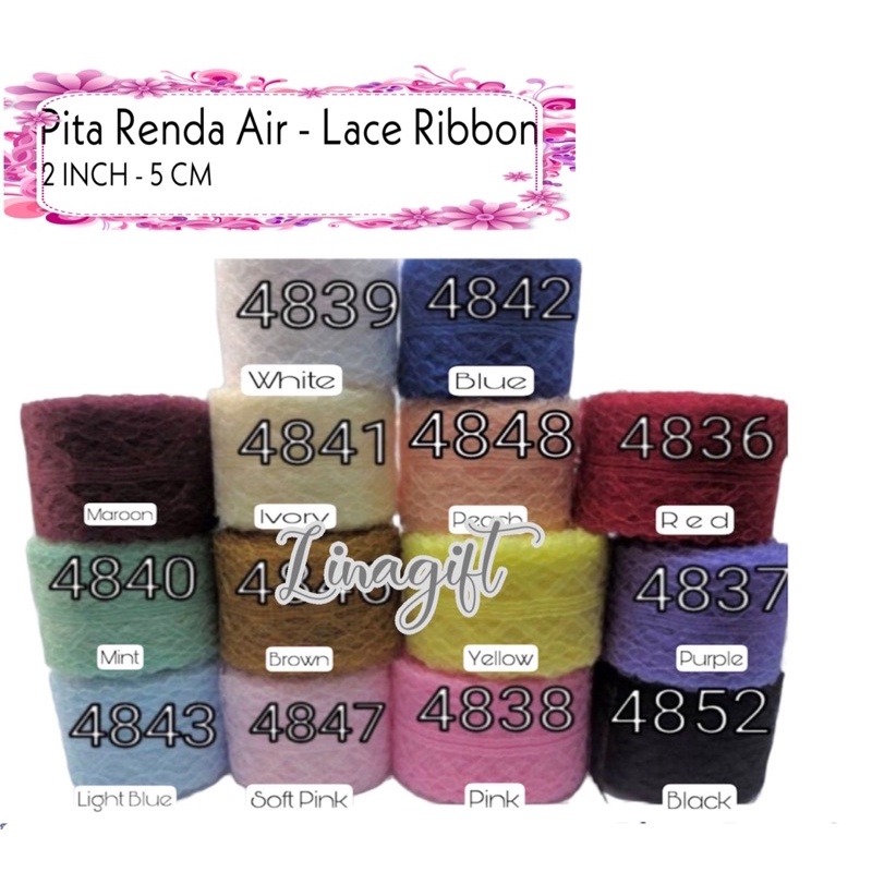 

( 3 Meter ) LACE RIBBON - PITA RENDA AIR GOLD SILVER 2IN 50MM 5CM PINK CREAM WHITE HIASAN KADO BUKET
