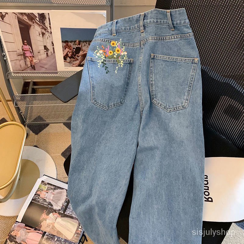 #Sisjuly# Wanita jeans bordir bunga niche pria dan wanita musim semi dan musim panas celana panjang