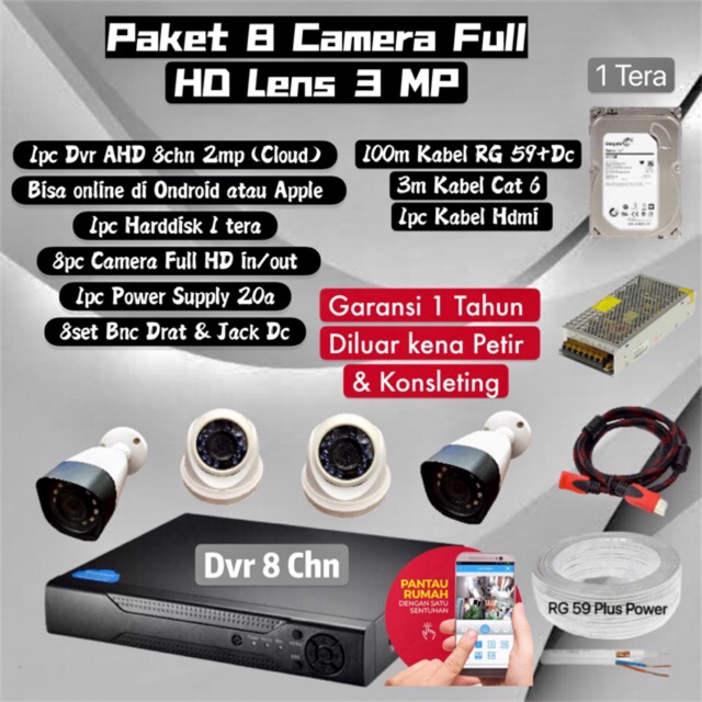 Paket cctv 8 kamera full hd lensa 3mp