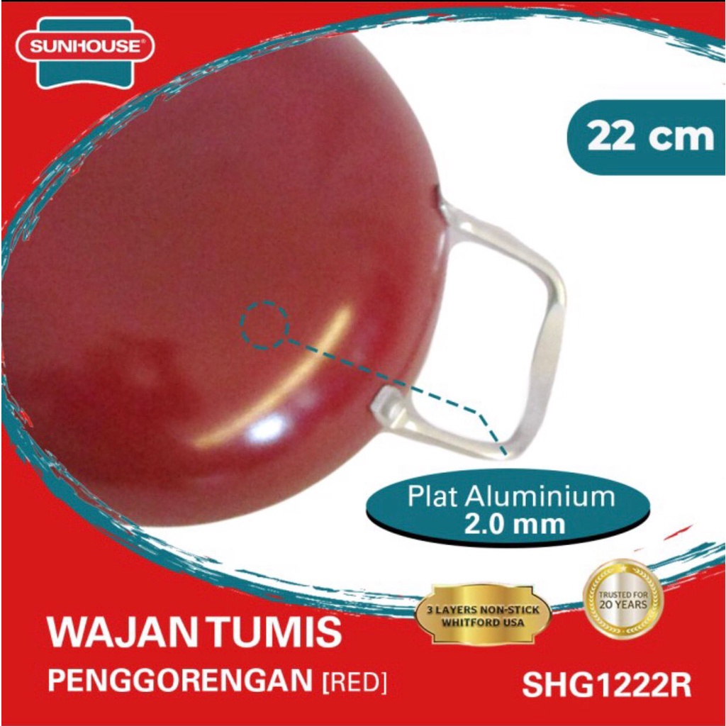 Wajan Tumis Sunhouse SHG 1222R Anti Lengket Hitam Merah 22cm