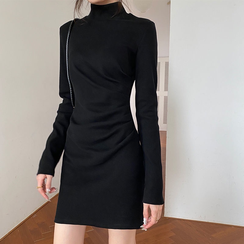 dress gaya korea hitam turtleneck beludru bottoming tas rok hip dress wanita pinggang ramping rok pe