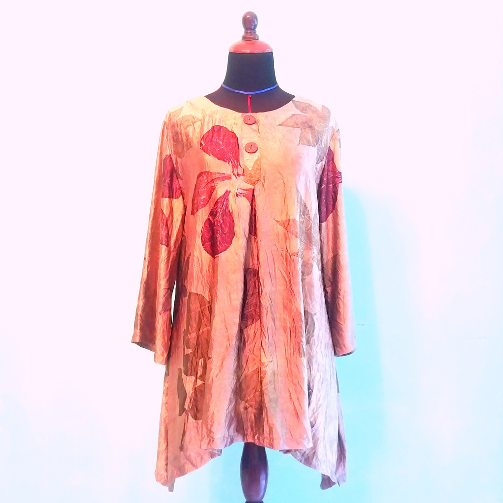 Baju Blouse Wanita Motif Eco-print Bahan Sutera