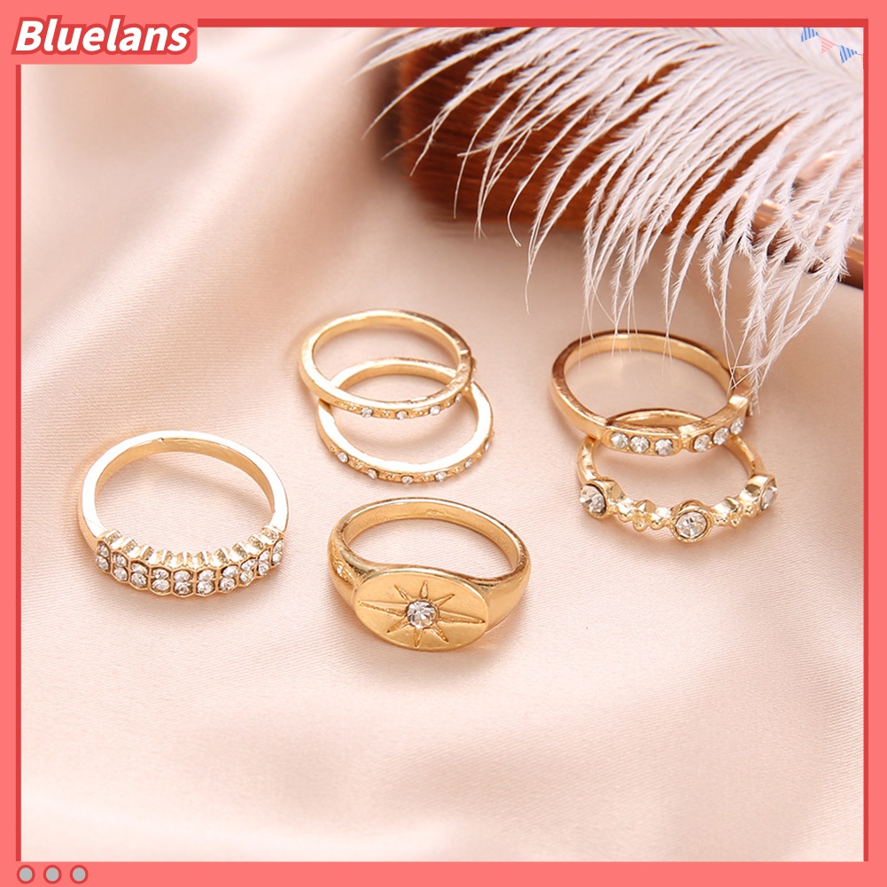 6pcs / Set Cincin Jari Bentuk Matahari Aksen Berlian Imitasi Untuk Wanita