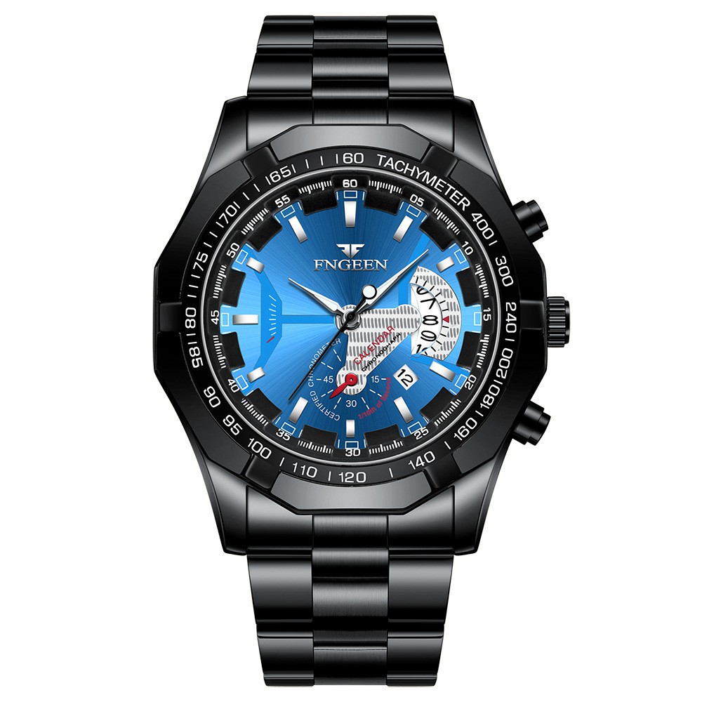 FNGEEN S001 Jam Tangan Pria Luxury Stainless Steel Quartz Original Tahan Air Watch + Kotak Gratis-Black Blue-P7