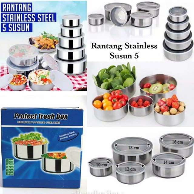 Rantang Susun Set 5pcs Wadah Tempat Makanan / Rantang Susun Stainless/Mangkok Set + Tutup