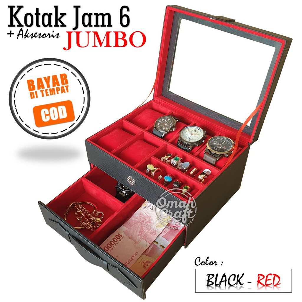 LARGE SIZE - Kotak Jam Tangan isi 6 JUMBO Mix Perhiasan dan Aksesoris Emas Cincin Warna HITAM MERAH