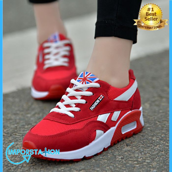 SEPATU OLAHRAGA WANITA DATAR WARNA MERAH HITAM SEPATU IMPORT WANITA SNEAKERS 2019 - F030