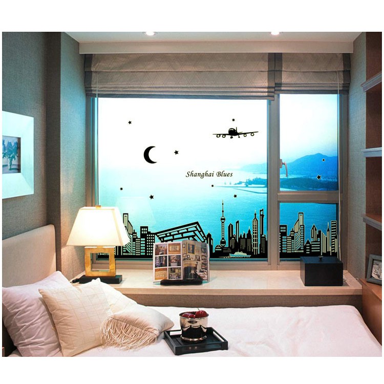 RELIZA WALL STICKER SANGHAI GLOW IN THE DARK SILUET HITAM KOTA CITY ABQ9636 STIKER DINDING