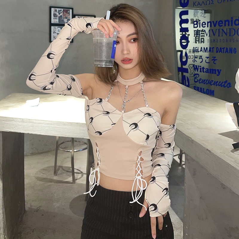 #Sisjuly# Tea Break Girl Cute Crescent Print Halter Collar Slim Lengan Panjang T-shirt Wanita Slim T