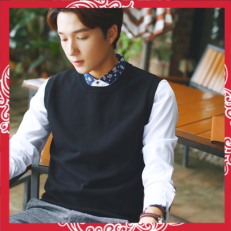 Leher Bulat Tanpa Lengan Sweater Pemuda Pria Rompi Sweater Warna Solid Tanpa Lengan Rajutan Wol Romp