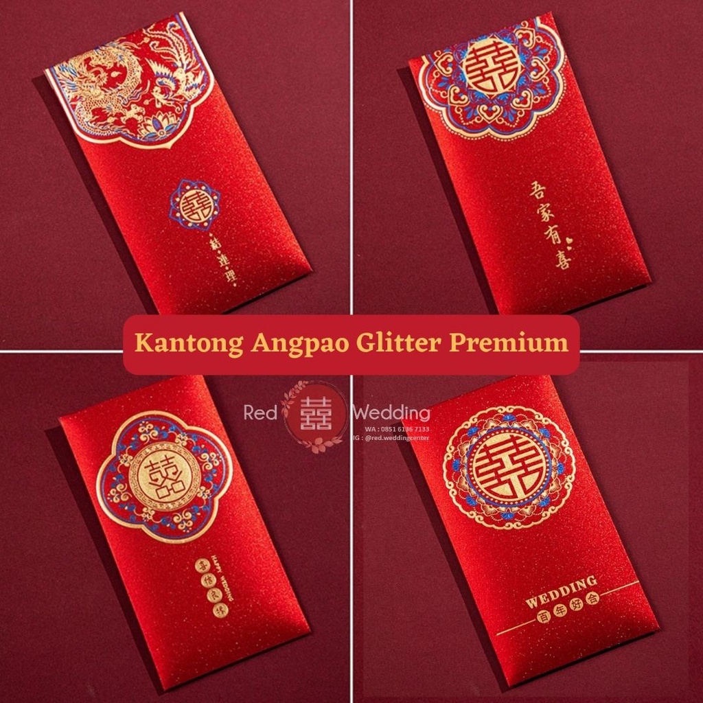 Kantong Amplop Angpao Wedding PREMIUM GLITTER Logo Xi Merah Design Aesthetic Mewah Angpau