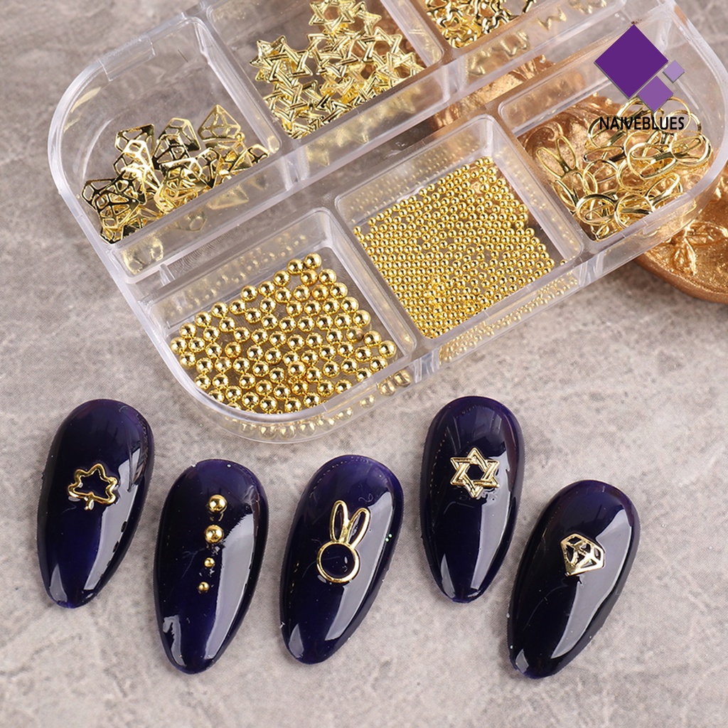 Naiveblue Charms Manik-Manik Baja Bentuk Bintang Hollow 3D Untuk Dekorasi Nail Art DIY