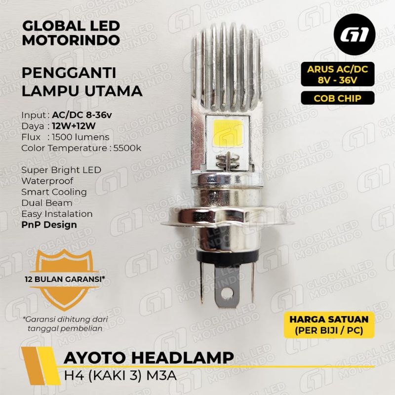 LAMPU UTAMA LED M3A HEADLAMP AYOTO H4 HS1 12 WATT PUTIH VIXION