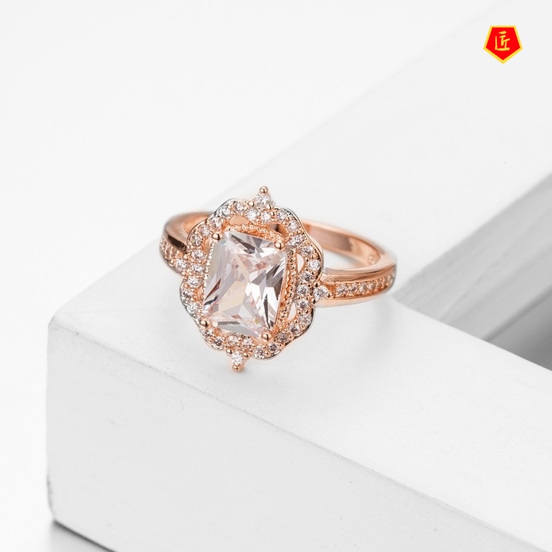 [Ready Stock]Rose Gold Square Diamond Ring Fashion Exquisite