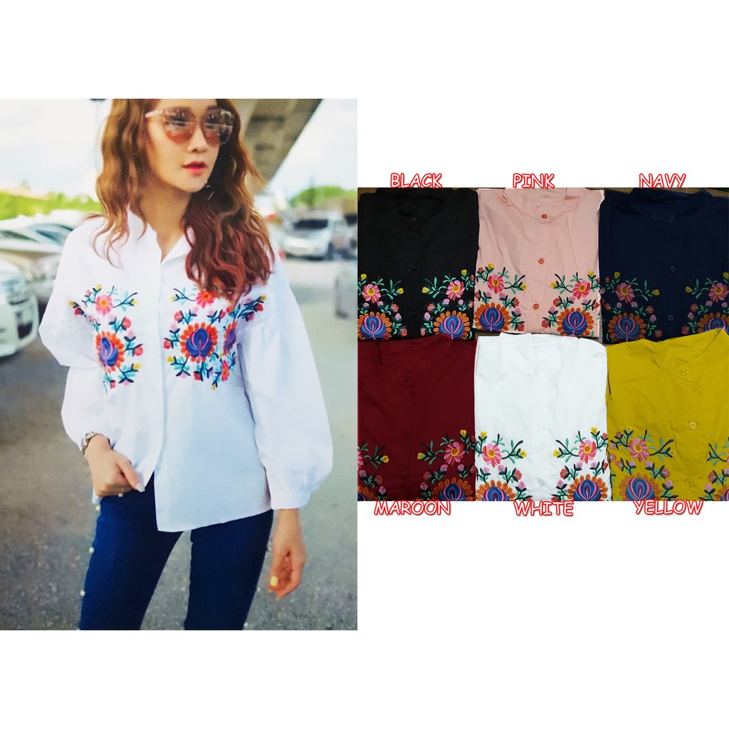 SALE Tops Kemeja Atasan Import Bangkok Wanita Katun Mix Bordir Murah Kekinian BKK03