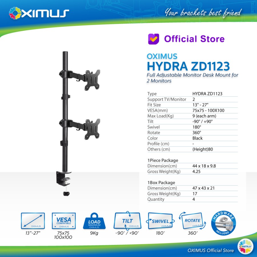 BRACKET TV LCD MONITOR 13&quot;-27&quot; OXIMUS HYDRA ZD1123 TILT SWIVEL ROTATE