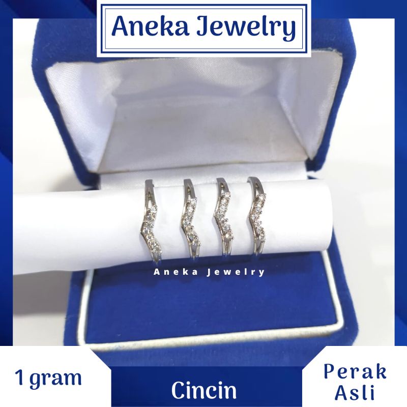 Cincin Cor Mata2 Baris V, Perak 925, Lapis Emas Putih