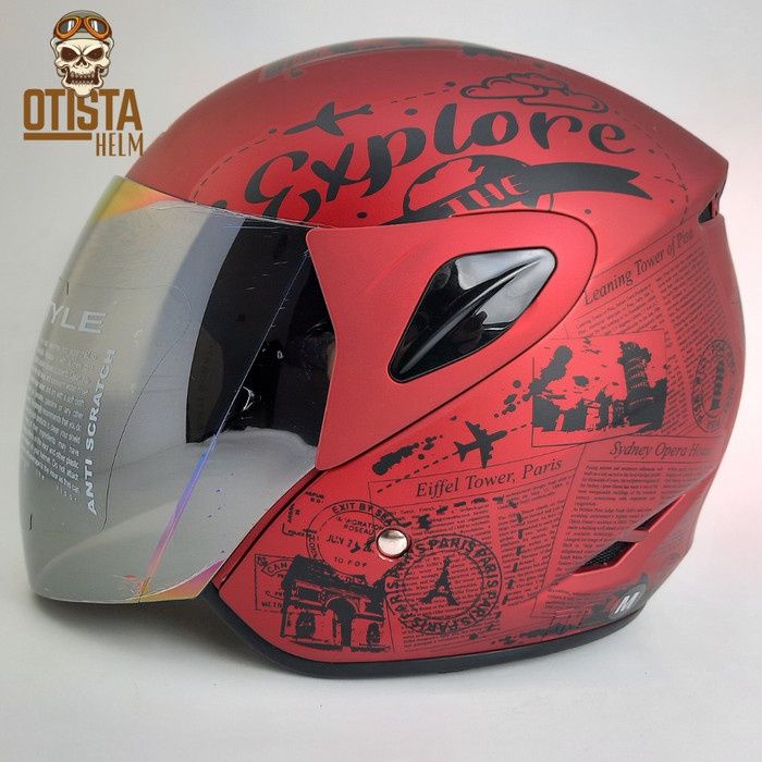 Helm Half Face Asca Strike News Murah Royal Red Black Maroon Doff