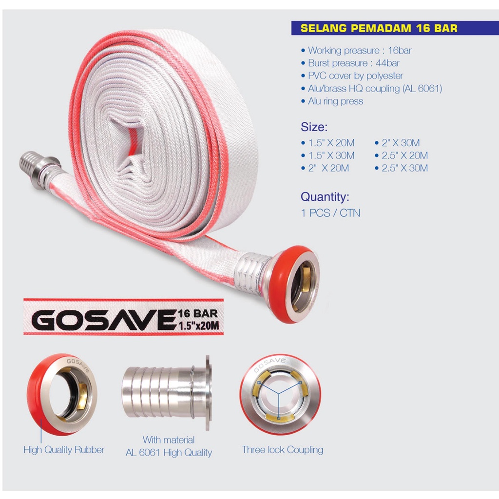 Fire Hose Kanvas Selang Pemadam 2.5 inch x 30 Mtr GOSAVE 16 BAR