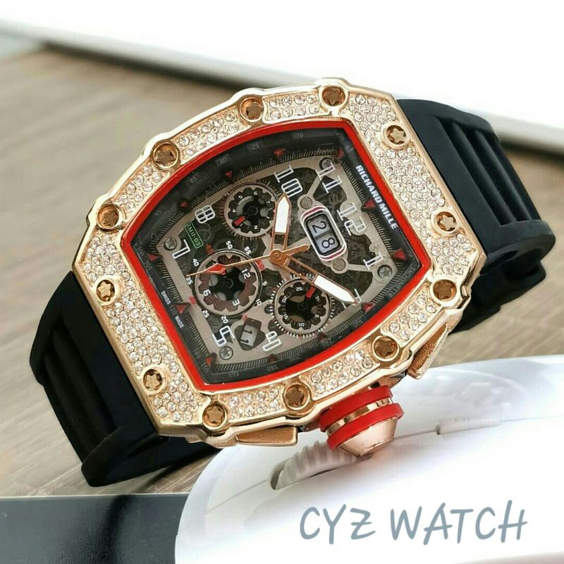 Jam Tangan Pria Elegan Exclusive RM MASTER RUBBER Premium Watch Black Rosegold Limited