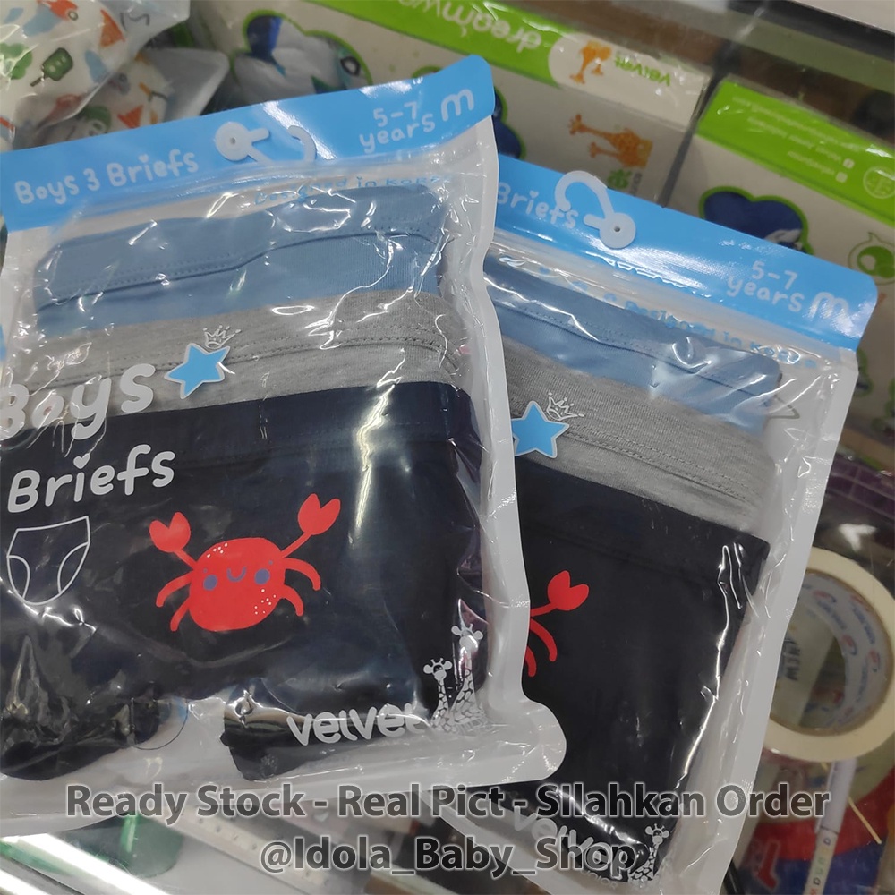 Velvet Junior Boy Underwear Brief Solid Color Crab 3pcs Celana Dalam Anak Laki Laki