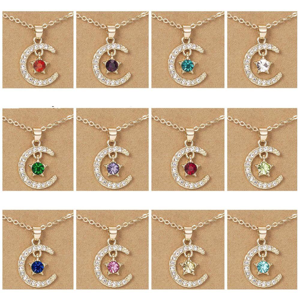 Lily Birthstone Kalung Rantai Klavikula Wanita Kristal Bulan Bintang