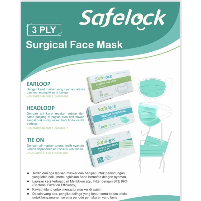 Safelock surgical face mask box isi 50 earloop | headloop ( masker medis murah )