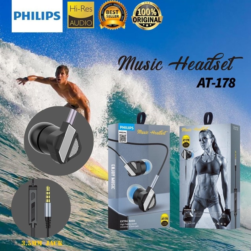 Headset Philips AT178 Metal Body stereo BASS music telfon gaming daily earphone with mic by sen audio