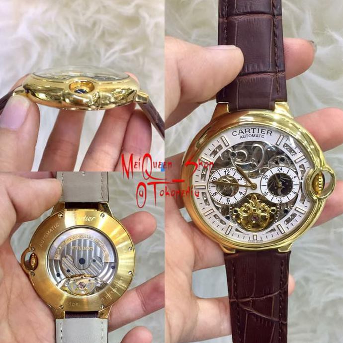 Pengiriman Cepat Jam Tangan Pria Cartier Matic Gold Brown Leather SUPER PREMIUM AAA MURAH