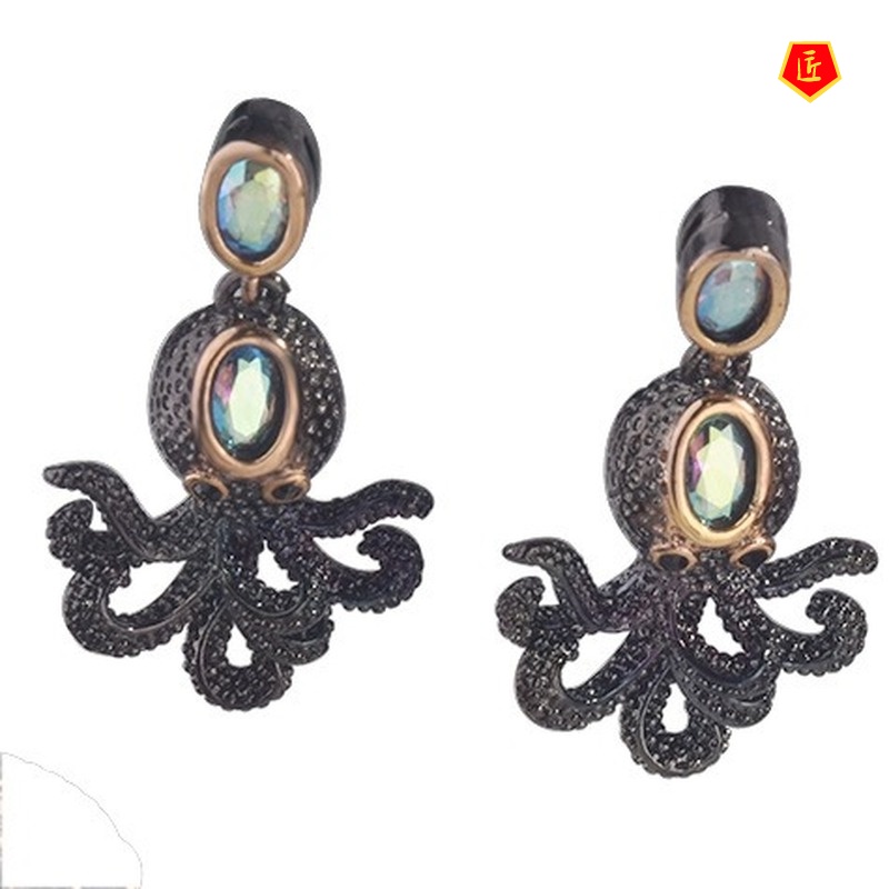 [Ready Stock]Black Gold Squid Ring Creative Octopus Earings Set