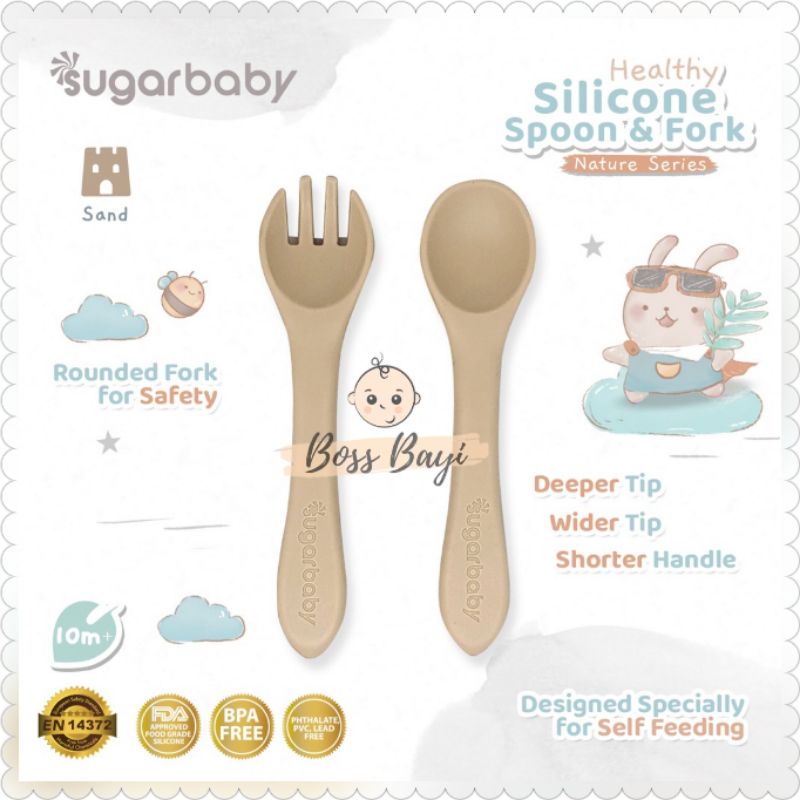 SUGARBABY Healthy Silicon Spoon &amp; Fork Nature Series /Sendok Garpu Silikon Bayi Anak Sugar Baby