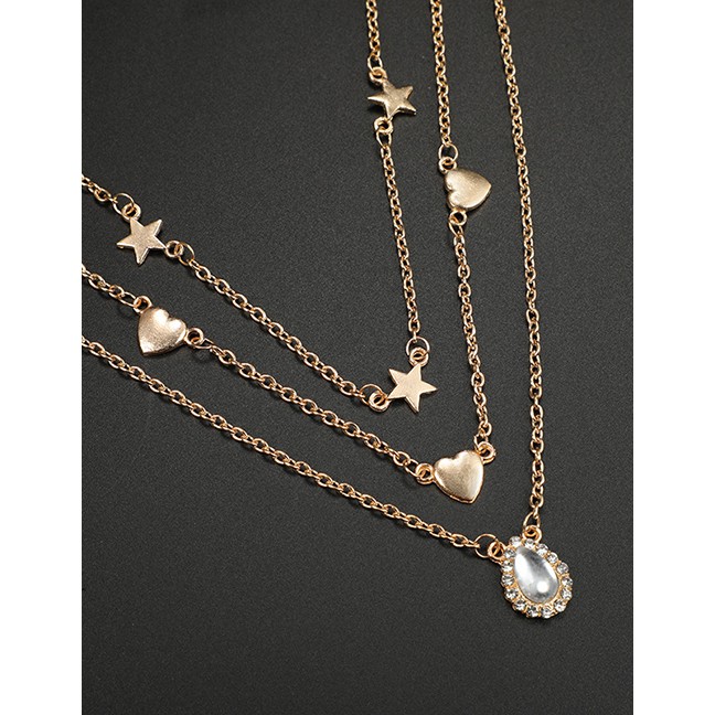 LRC Kalung Fashion Gold Metal Love Five-pointed Star Drop-shaped Diamond Gemstone Multi-layer Neckla