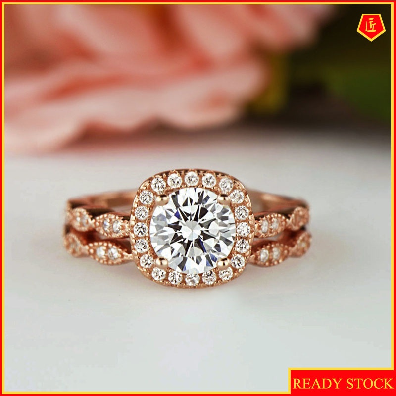 [Ready Stock]Fashion Simple 18K Rose Gold Single Diamond Double Layer Ring Set