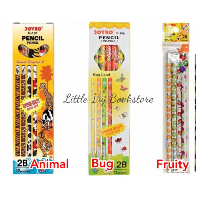 

Joyko Pencil/Pensil P-101 Animal / P-106 Bug / P-109 Fruity 2B. Alat tulis Kantor/Sekolah/Anak