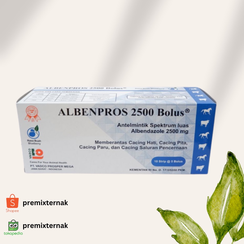 ALBENPROS 2500 1 BOX (50 BOLUS) - Obat Cacing Bolus - Obat Cacing Sapi Spektrum Luas Ampuh - Pembasmi Cacing Hati, Cacing Pita, Cacing Paru dan Cacing Saluran Pencernaan Sapi Lainnya