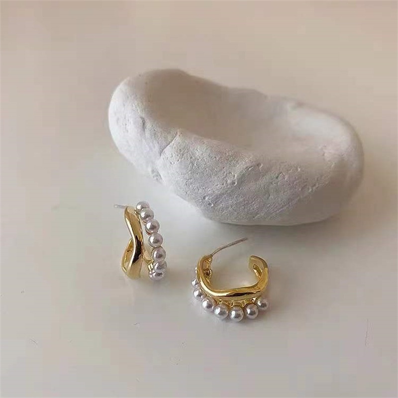 Anting Stud Bentuk C Double Layer Aksen Mutiara Gaya Korea Untuk Wanita