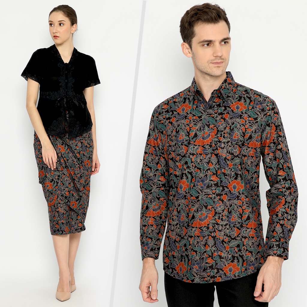 BATIK COUPLE KELUARGA  Kemeja Rok Lilit Instan Batik Pria Lengan Panjang Slimfit Premium Hitam Orange 729732 Cap 72 - Baju Kemeja Atasan Pakaian Batik Couple Cople Pria Cowok Laki Laki Remaja Keluarga Lengan Panjang Modern Slimfit Premium Kekinian