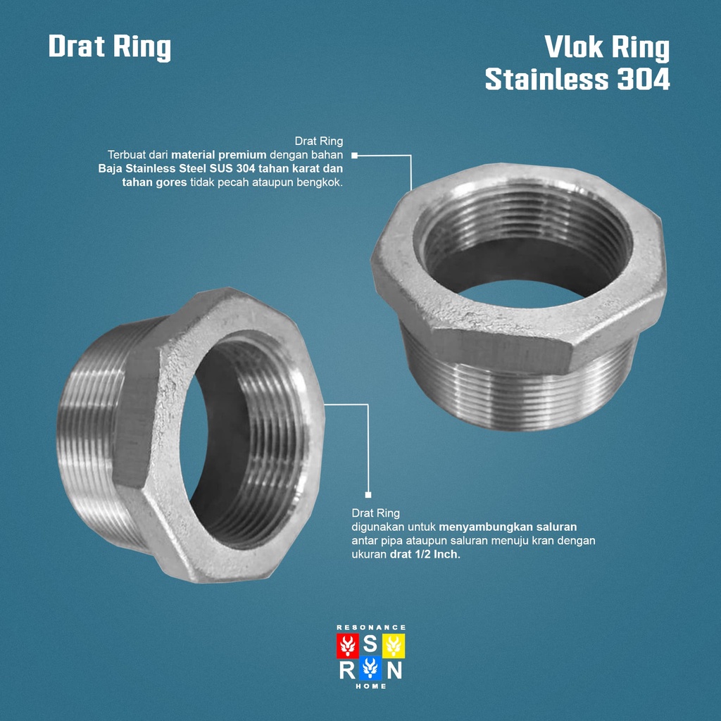 Vlok Ring Stainless Drat Dalam 1/2 Inch Drat Luar 3/4 Inch Resonance Home