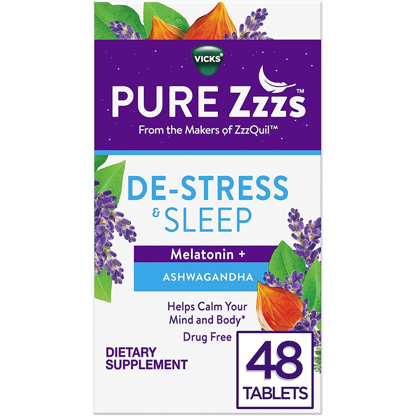 Vicks ZzzQuil Pure Zzzs De-Stress & Sleep Melatonin + Ashwagandha 48 Tablets