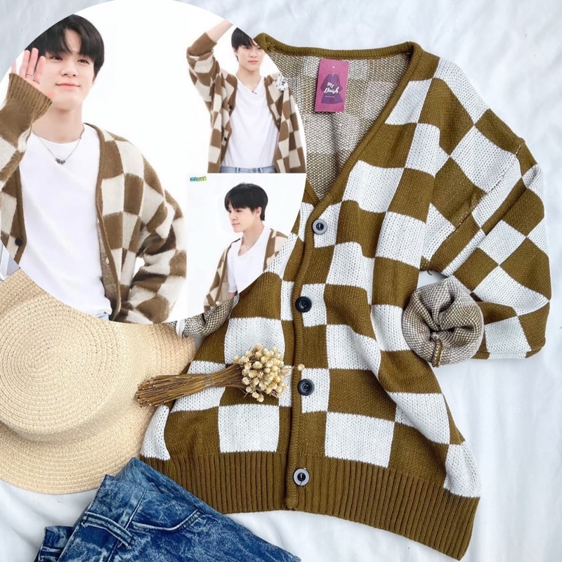 Cornela Cardigan Rajut Motif Catur Kotak - Kardigan Korea Jeno NCt Dream