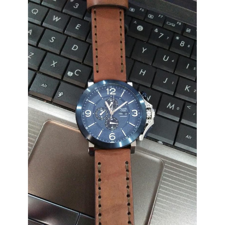 JUAL JAM TANGAN ASLI   ALEXANDRE CHRISTIE AC 6281 PRIA SILVER BLUE LEATHER BROWN ORIGINAL   I