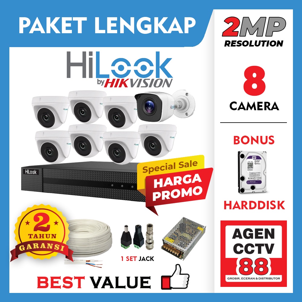 Paket CCTV HILOOK 8CH 8 Channel Kamera Full HD 2MP LENGKAP +Kabel +HDD