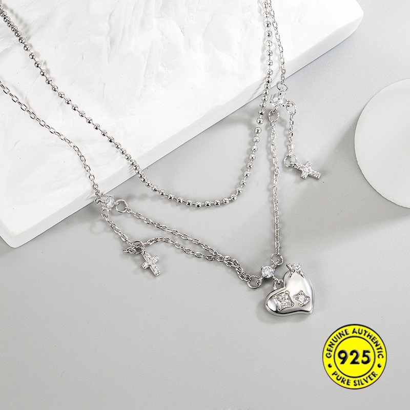 Kalung Rantai Sterling Silver 925 Dengan Liontin Salib + Hati Untuk Wanita