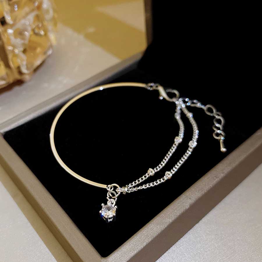 Gelang Rantai sterling Silver 925 Hias Liontin Zirkon Berlian Imitasi Asimetris Untuk Wanita