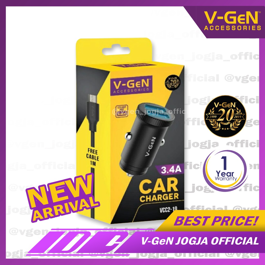 Car Charger V-GeN VCC2-19 3.4A Dual Port USB LED Charger Mobil